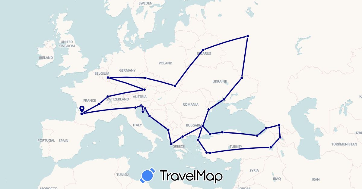 TravelMap itinerary: driving in Albania, Armenia, Austria, Bulgaria, Belarus, Czech Republic, France, Georgia, Greece, Croatia, Italy, Luxembourg, Romania, Russia, Slovakia, Turkey, Ukraine (Asia, Europe)